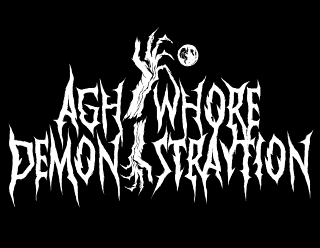 Agh'whore Demon-Straytion - Black Metal Band Logo Design with Crooked Hand and Moon