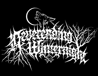Neverending Winternight - Pagan Black Metal Logo Design with Howling Wolf, Moon and Trees