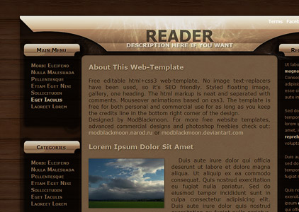 MB Reader - бесплатный шаблон сайта с деревянными панелями и прозрачным черным пластиком