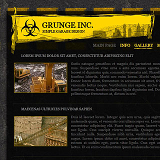 Скриншот темного веб-дизайна в стиле гранж с яркими желтыми элементами