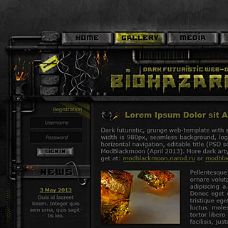 Скриншот Темного индустриального Sci-Fi веб-дизайна со стальными трубами, проводами и искрами