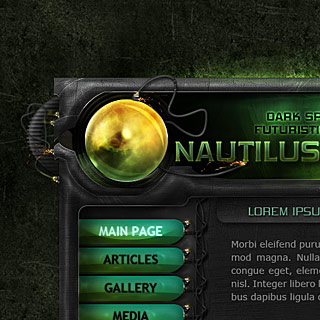 Скриншот Наутилус - Футуристичный яркий дизайн сайта со светящимся шаром, проводами и искрами, в стиле космического корабля