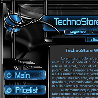Futuristic Hi-Tech Dark Web-Site Design Screenshot with Black Plastic panels, chrome elements and bright blue Displays