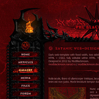 Темно красный адский, демонический дизайн-сайта с огненными чашами, вампирским орнаментом и печатями для Металл Группы