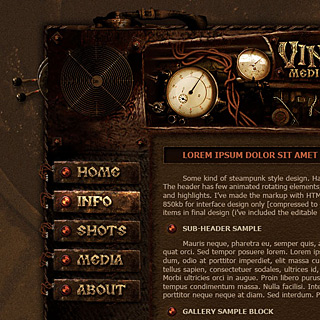 Steampunk, Grunge Web-Design Screenshot with wires, mechanics, cogs, toggles, meters, gears, dwarven machine
