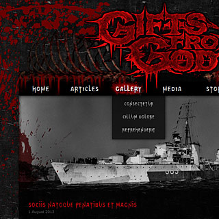 Темный дизайн сайта Death Metal группы в стиле гранж с пятнами крови и костями, Скриншот Gifts from God